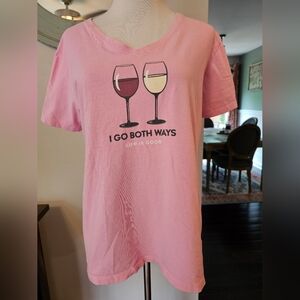 Life Is Good Women’s Size Large V-neck Pink Crusher Tee Wine I Go Both Ways